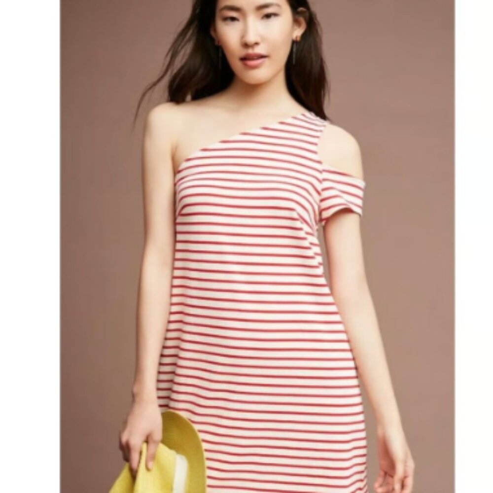 Anthropologie Maeve Women's Marketa Red Striped Nautical One Shoulder Dress-Sz M